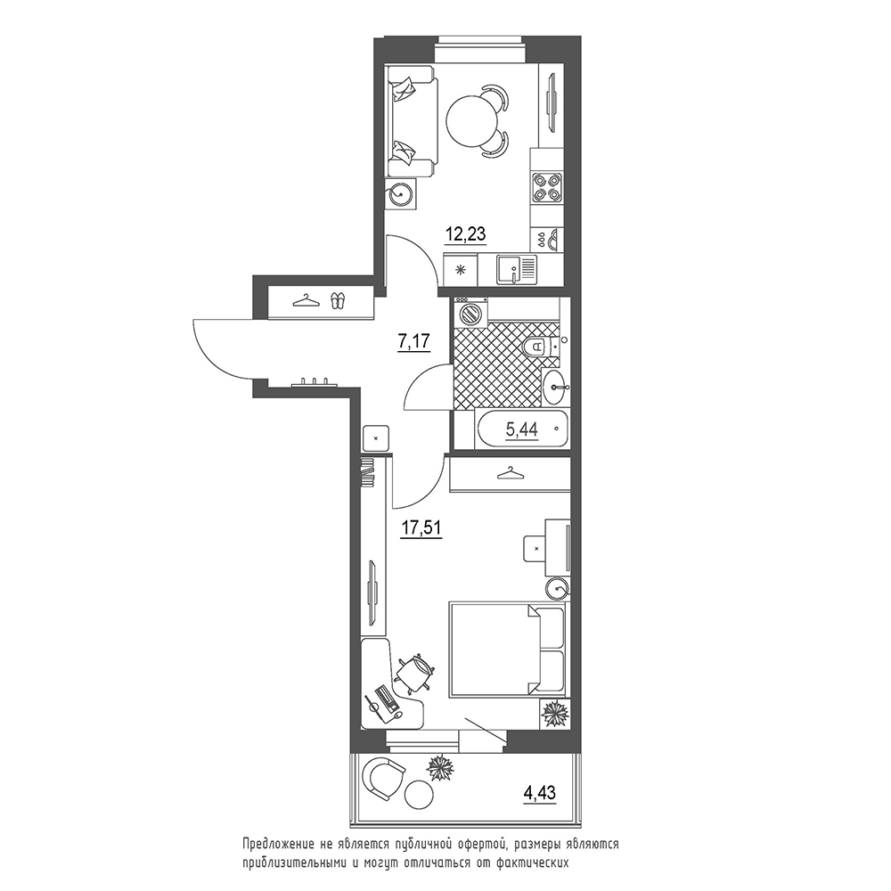 1-комнатная, 44 м² — ЖК ЖК Охта Хаус