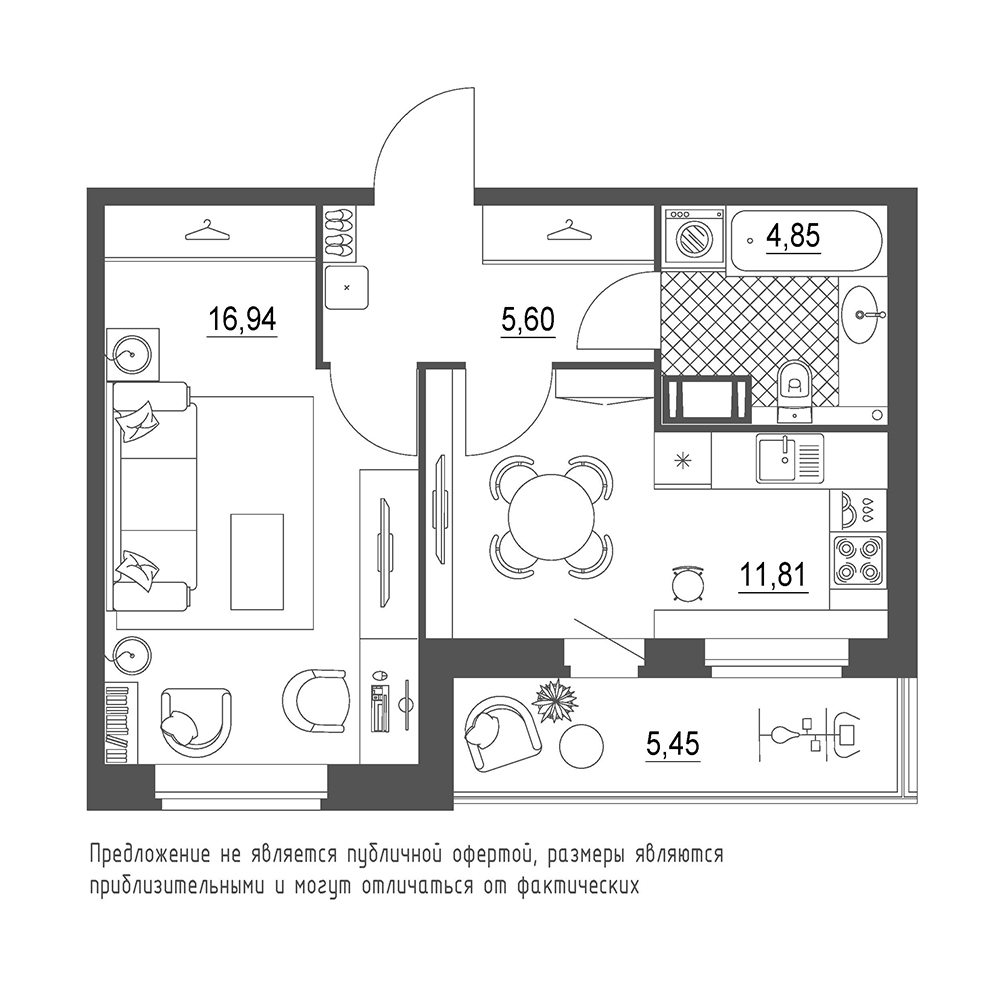 1-комнатная, 42 м² — ЖК ЖК Охта Хаус