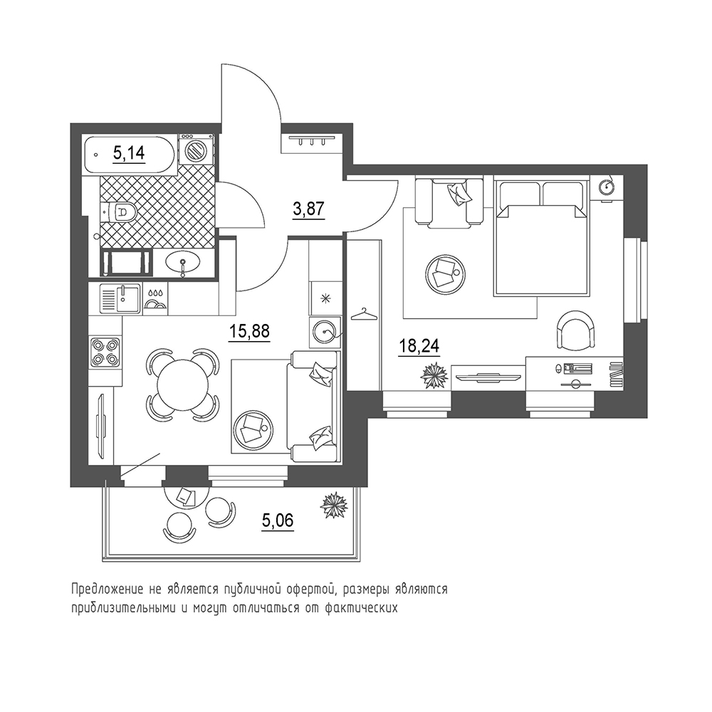 1-комнатная, 45 м² — ЖК ЖК Охта Хаус
