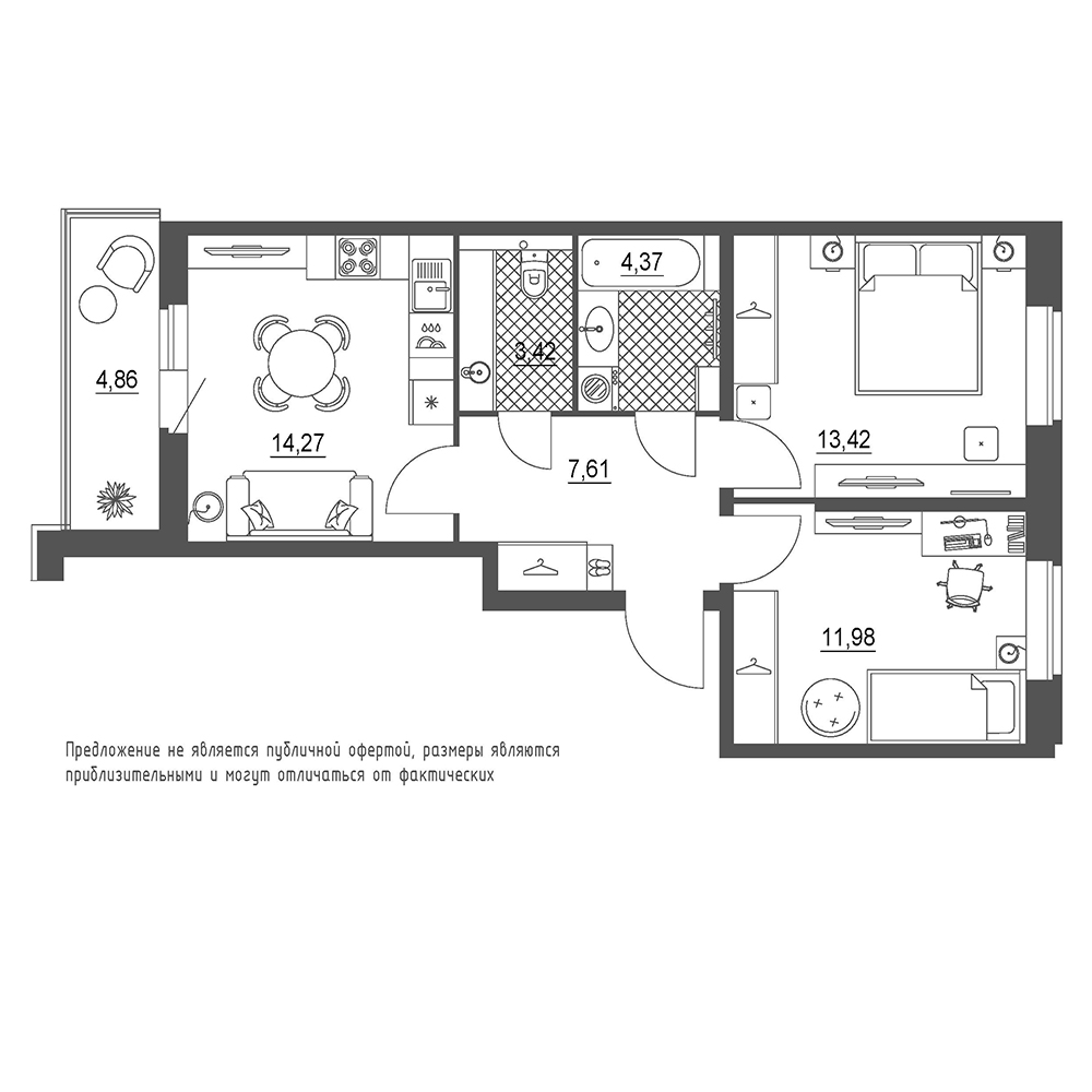 2-комнатная, 58 м² — ЖК ЖК Охта Хаус