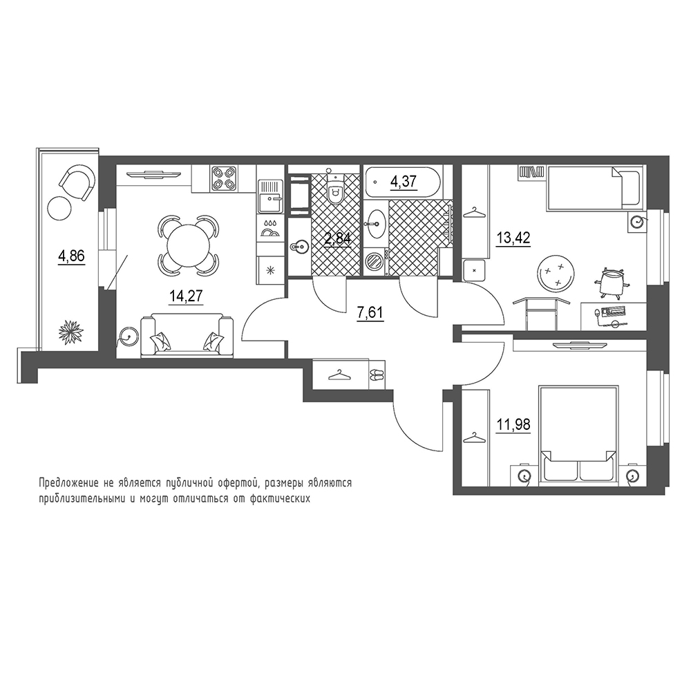 2-комнатная, 57 м² — ЖК ЖК Охта Хаус