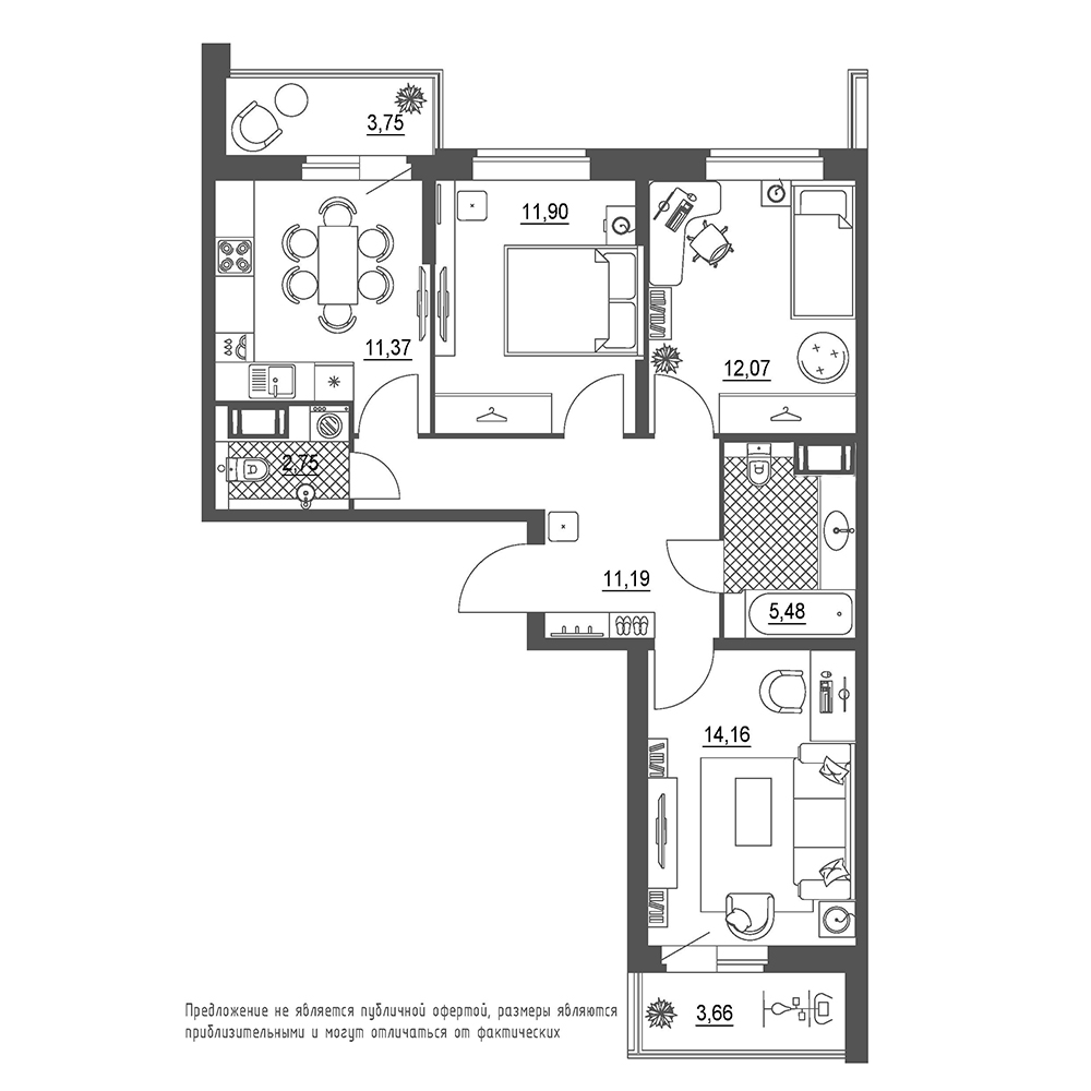 3-комнатная, 73 м² — ЖК ЖК Охта Хаус