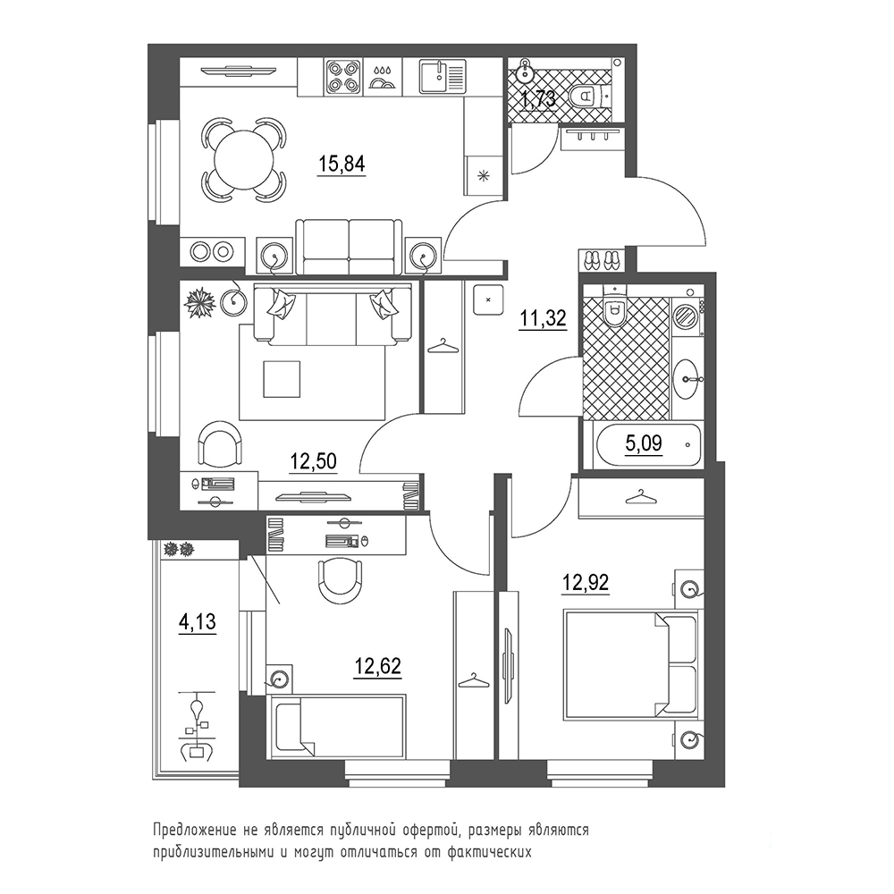 3-комнатная, 74 м² — ЖК ЖК Охта Хаус