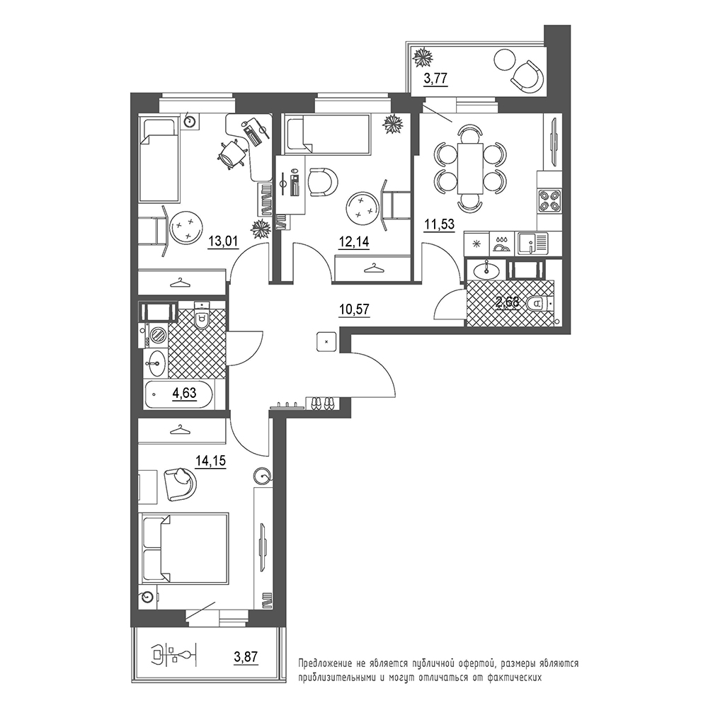 3-комнатная, 72 м² — ЖК ЖК Охта Хаус