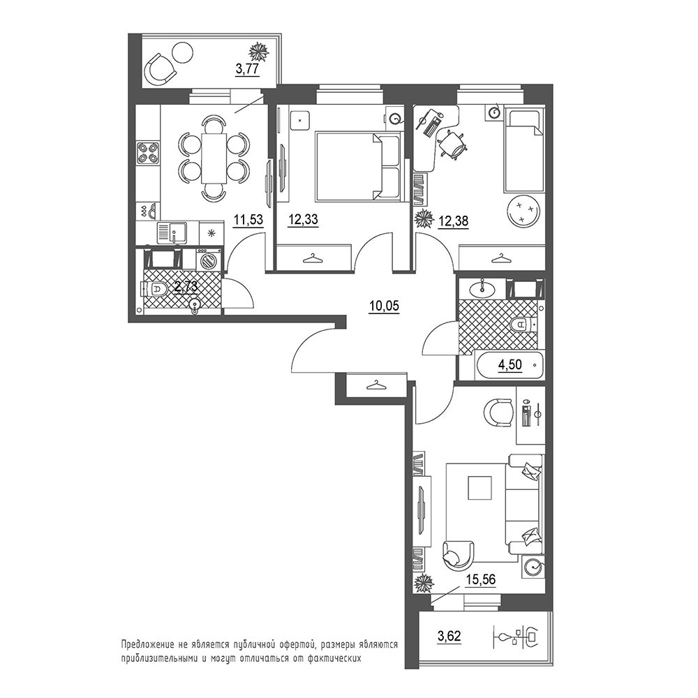 3-комнатная, 73 м² — ЖК ЖК Охта Хаус