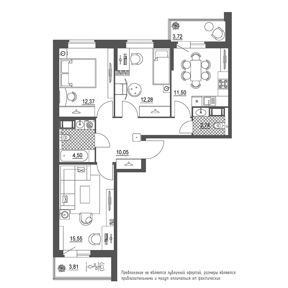 3-комнатная, 73 м² — ЖК ЖК Охта Хаус