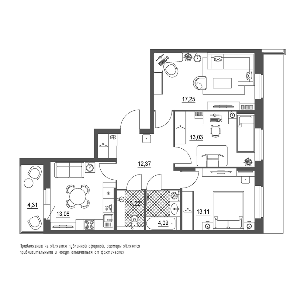 3-комнатная, 78 м² — ЖК ЖК Охта Хаус