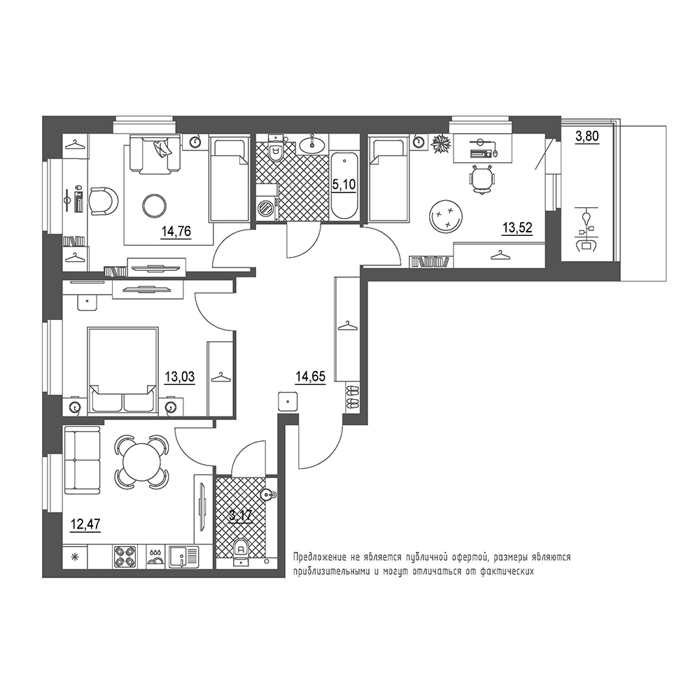 3-комнатная, 79 м² — ЖК ЖК Охта Хаус