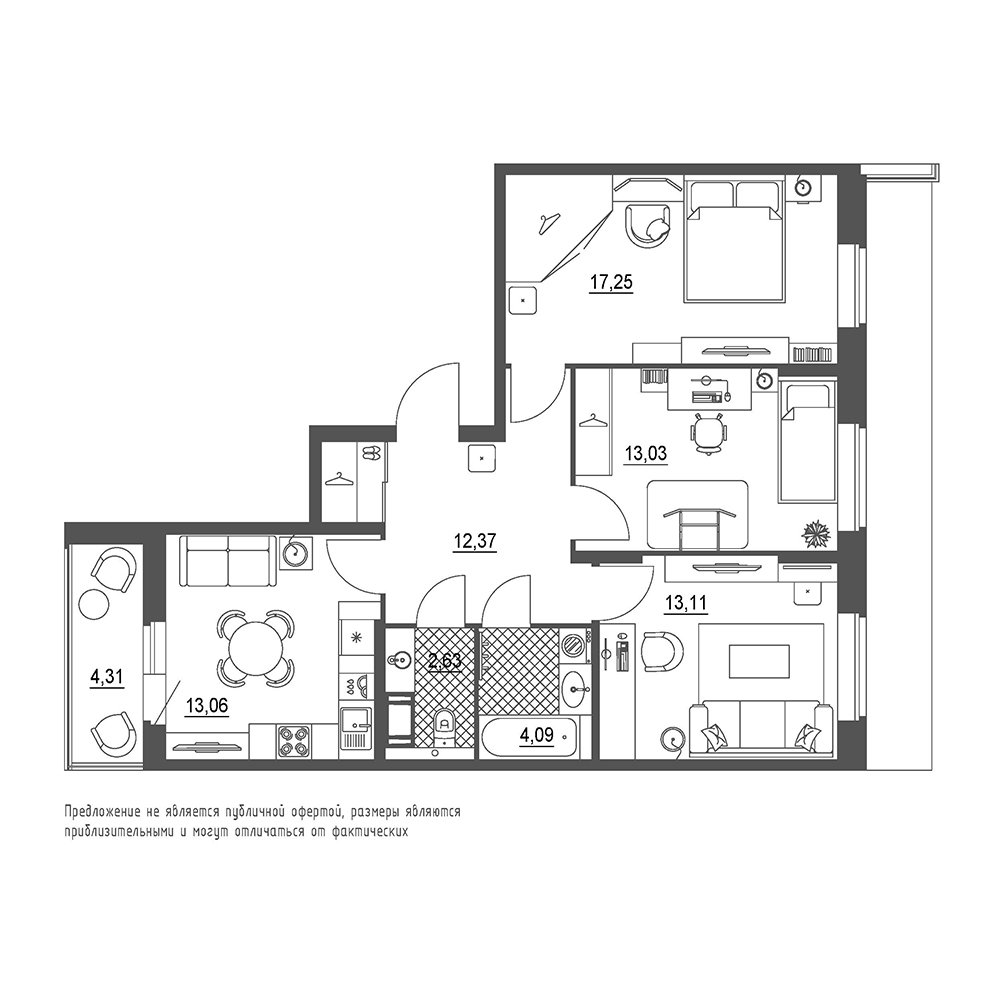 3-комнатная, 78 м² — ЖК ЖК Охта Хаус