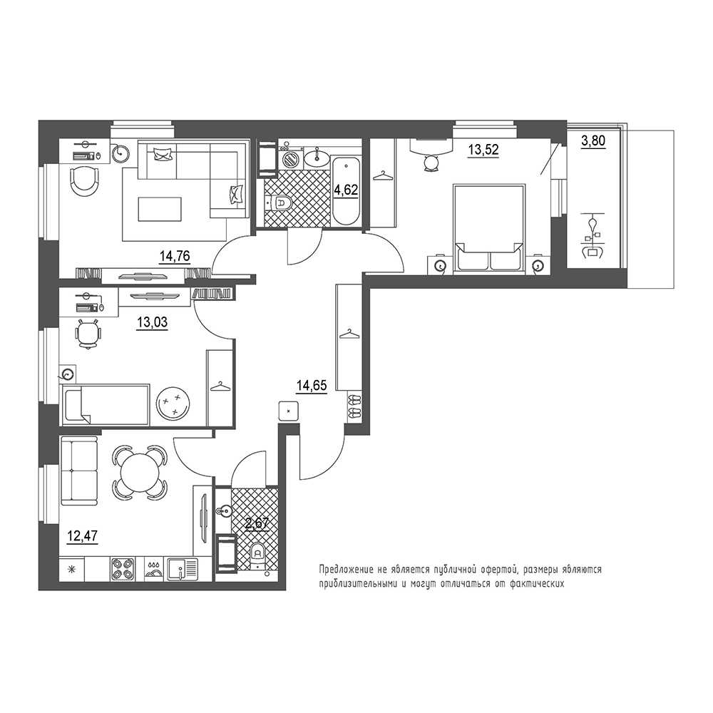 3-комнатная, 78 м² — ЖК ЖК Охта Хаус