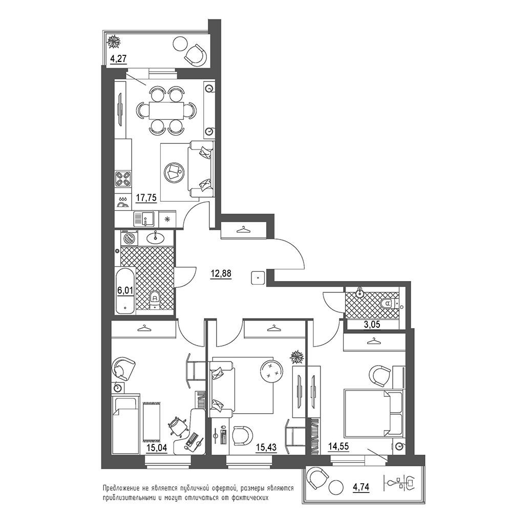 3-комнатная, 88 м² — ЖК ЖК Охта Хаус