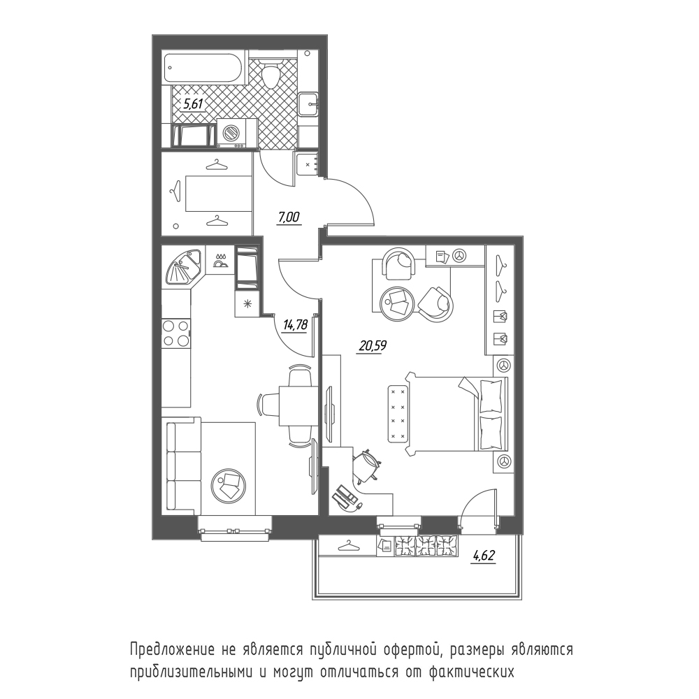 1-комнатная, 49 м² — ЖК ЖК Охта Хаус
