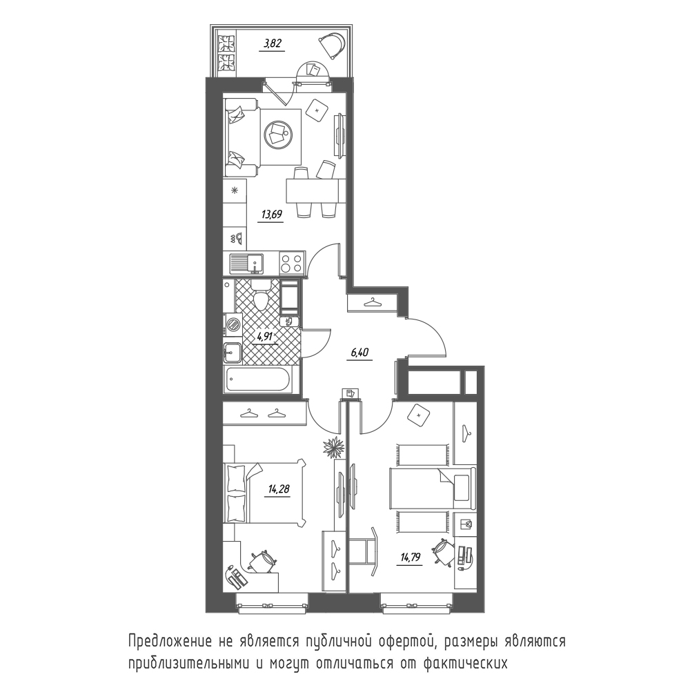 2-комнатная, 55 м² — ЖК ЖК Охта Хаус
