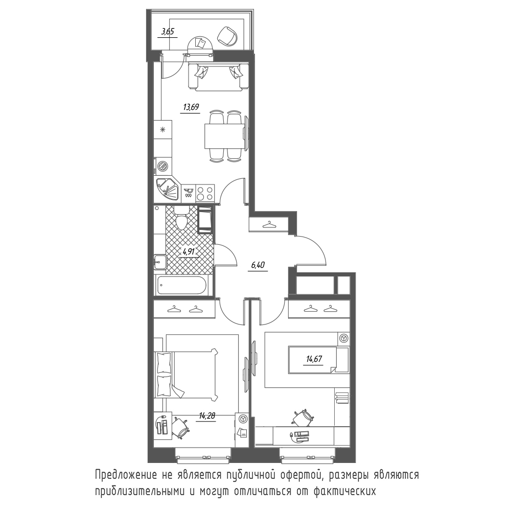 2-комнатная, 55 м² — ЖК ЖК Охта Хаус