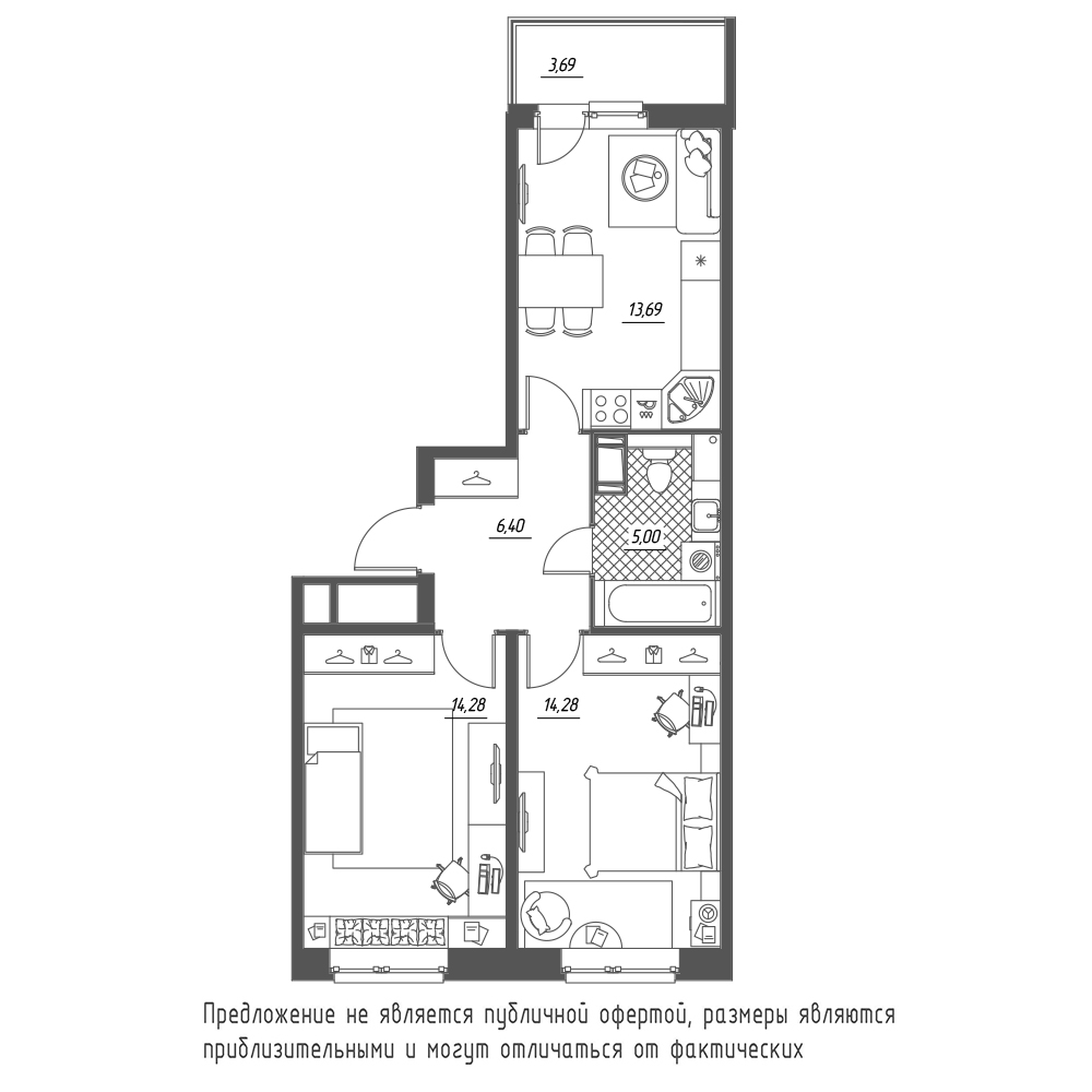 2-комнатная, 56 м² — ЖК ЖК Охта Хаус