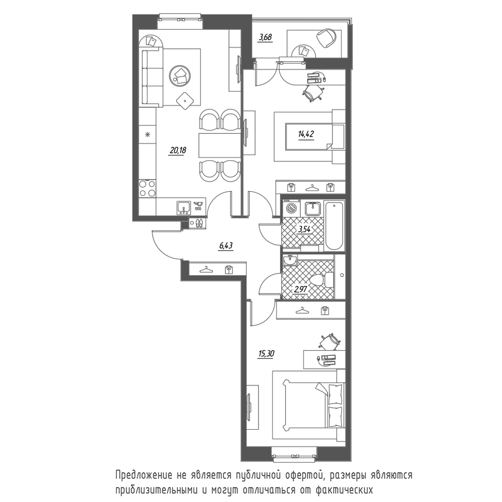 2-комнатная, 65 м² — ЖК ЖК Охта Хаус