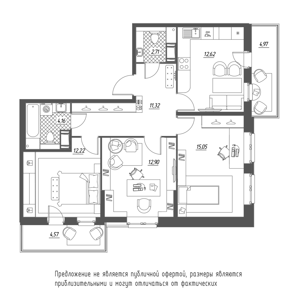 3-комнатная, 74 м² — ЖК ЖК Охта Хаус
