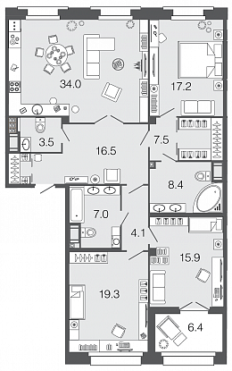 3-комнатная, 133 м² — ЖК ЖК Futurist (Футурист)