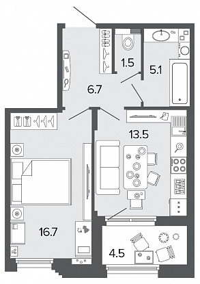 1-комнатная, 44 м² — ЖК Клубный дом Болконский