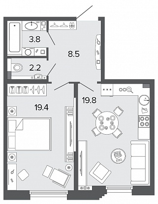 1-комнатная, 54 м² — ЖК Клубный дом Болконский