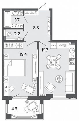 1-комнатная, 54 м² — ЖК Клубный дом Болконский