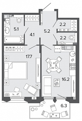 1-комнатная, 53 м² — ЖК Клубный дом Болконский