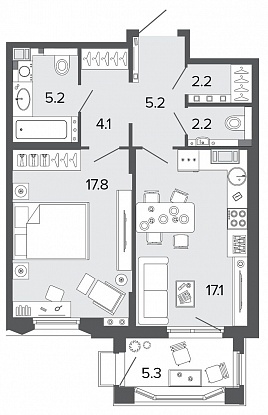 1-комнатная, 54 м² — ЖК Клубный дом Болконский