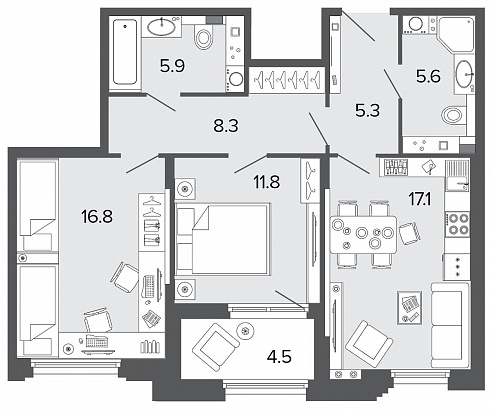 2-комнатная, 71 м² — ЖК Клубный дом Болконский