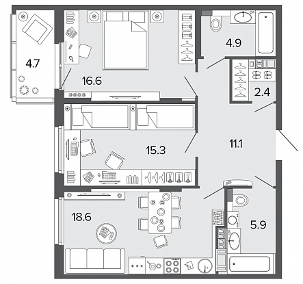 2-комнатная, 75 м² — ЖК Клубный дом Болконский