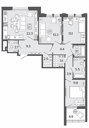 3-комнатная, 95 м² — ЖК Клубный дом Болконский
