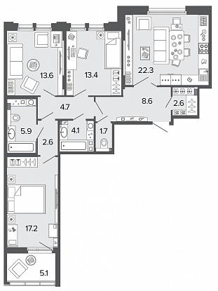 3-комнатная, 97 м² — ЖК Клубный дом Болконский