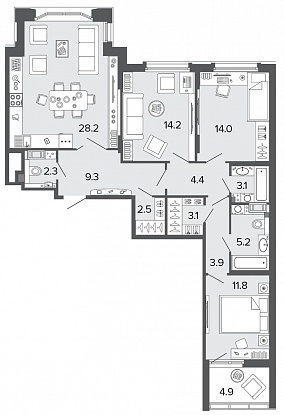 3-комнатная, 102 м² — ЖК Клубный дом Болконский