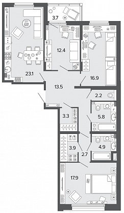3-комнатная, 107 м² — ЖК Клубный дом Болконский