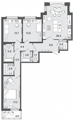 3-комнатная, 108 м² — ЖК Клубный дом Болконский