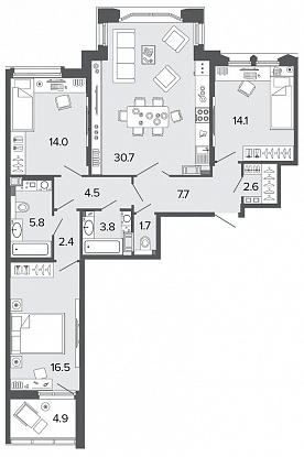 3-комнатная, 104 м² — ЖК Клубный дом Болконский