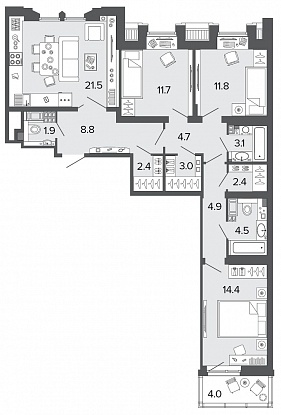 3-комнатная, 95 м² — ЖК Клубный дом Болконский
