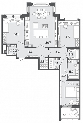 3-комнатная, 105 м² — ЖК Клубный дом Болконский