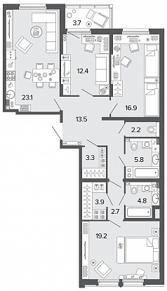 3-комнатная, 108 м² — ЖК Клубный дом Болконский