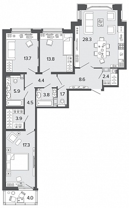 3-комнатная, 108 м² — ЖК Клубный дом Болконский