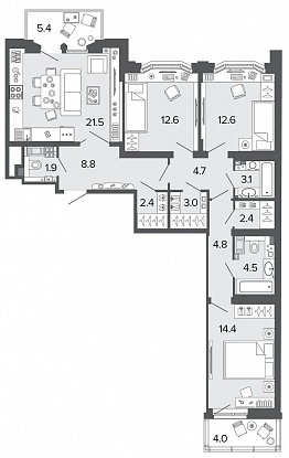 3-комнатная, 97 м² — ЖК Клубный дом Болконский