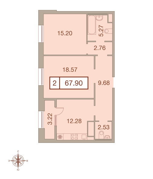 2-комнатная, 68 м² — ЖК ЖК Neva Haus (Нева Хаус)