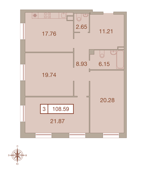 3-комнатная, 109 м² — ЖК ЖК Neva Haus (Нева Хаус)