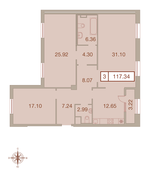 3-комнатная, 117 м² — ЖК ЖК Neva Haus (Нева Хаус)