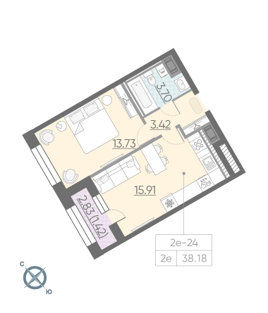 1-комнатная, 38 м² — ЖК ЖК Riviere Noire (Ривьер Нуар)
