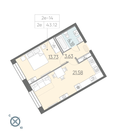 1-комнатная, 43 м² — ЖК ЖК Riviere Noire (Ривьер Нуар)