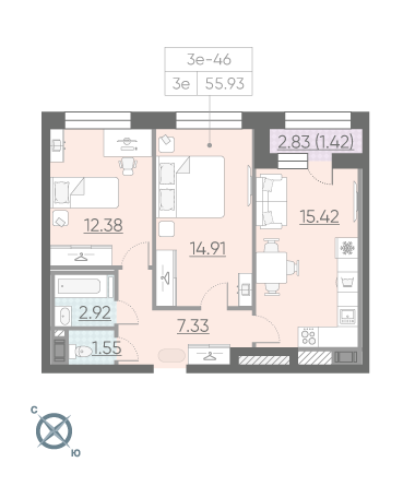2-комнатная, 56 м² — ЖК ЖК Riviere Noire (Ривьер Нуар)