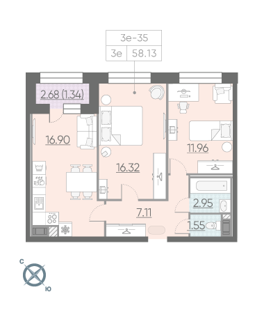 2-комнатная, 58 м² — ЖК ЖК Riviere Noire (Ривьер Нуар)