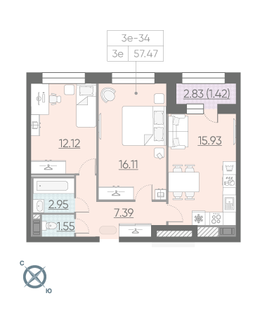 2-комнатная, 58 м² — ЖК ЖК Riviere Noire (Ривьер Нуар)