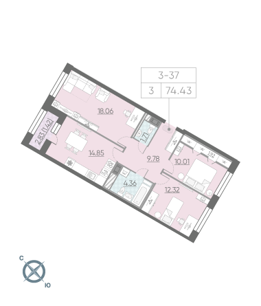 3-комнатная, 74 м² — ЖК ЖК Riviere Noire (Ривьер Нуар)
