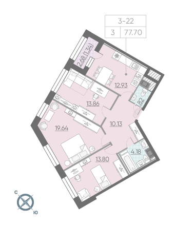 3-комнатная, 78 м² — ЖК ЖК Riviere Noire (Ривьер Нуар)